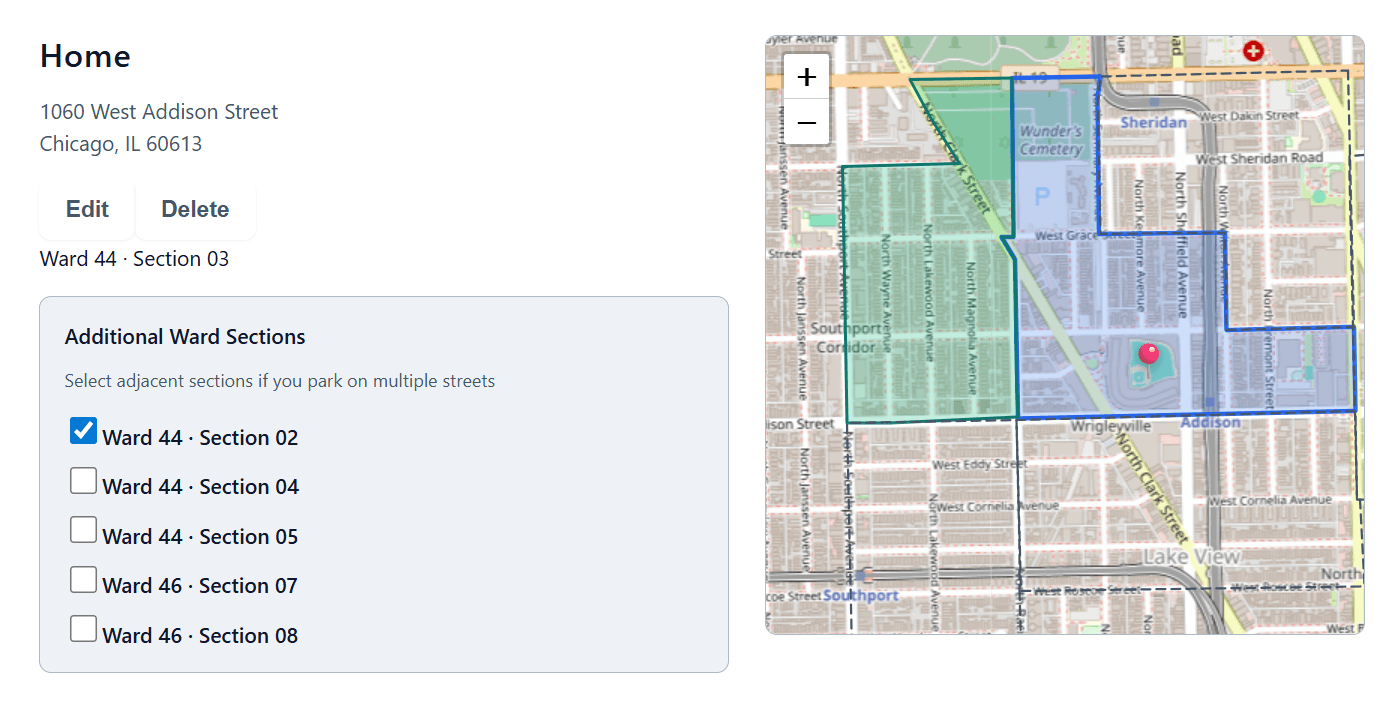 Example address with ward zone map showing your zone highlighted and adjacent sweeping zones